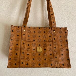 MCM VIESTOS LEATHER TOTE BAG Cognac Monogram in EUC